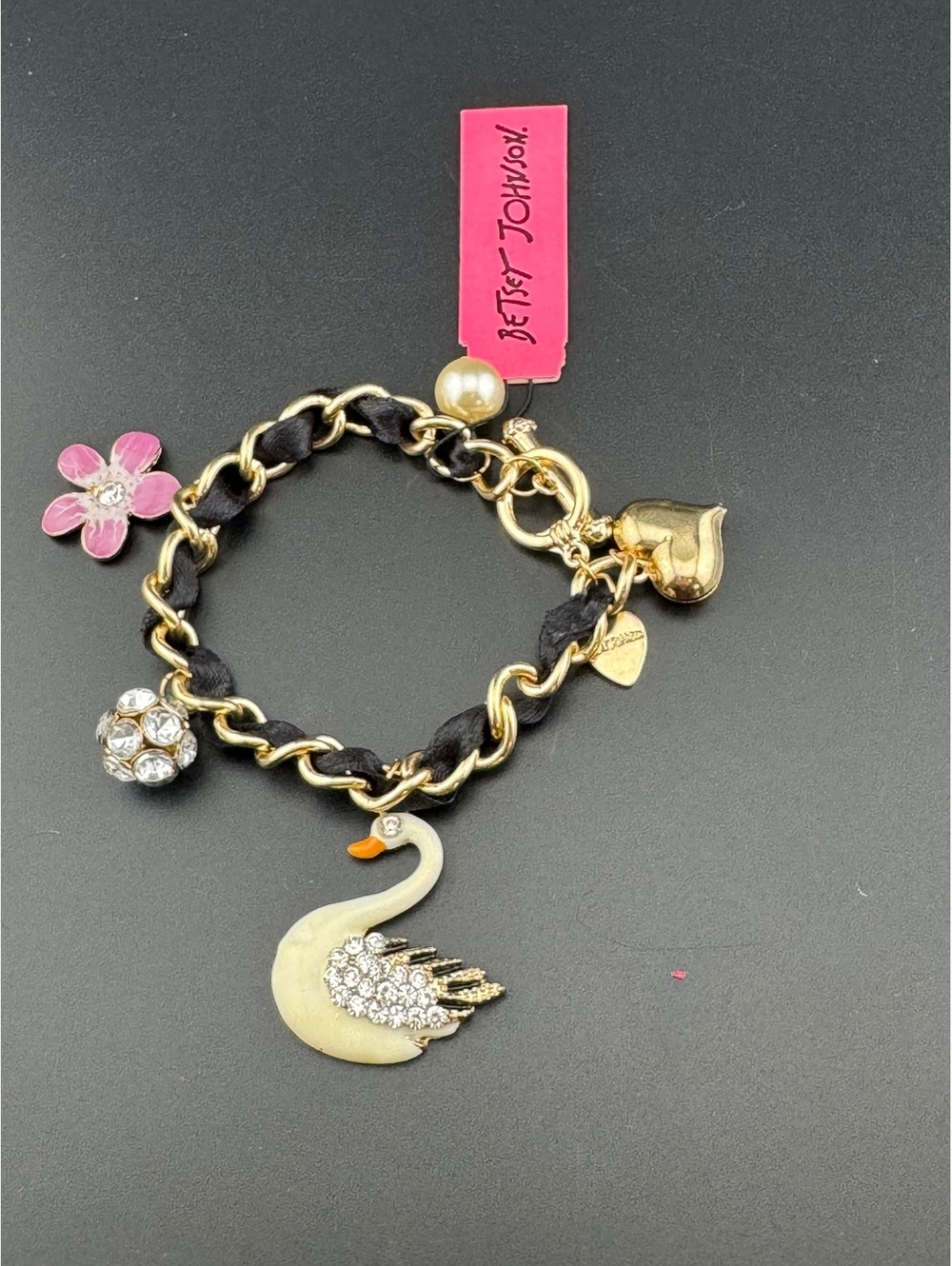 Betsey Johnson Charm Bracelet with Swan, Flower, Pearl
